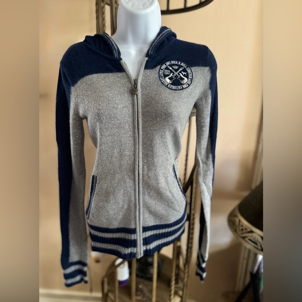 PINK by Victory Secret Vintage Navy and Gray Zip-Up Knit Hoodie S